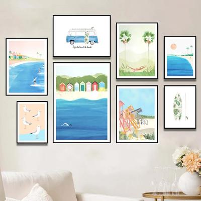 Ocean Beach Palm Tree Surfboard Seagull Wall Art Mural Canvas Painting Travel Posters And Prints Wall Pictures Living Room Decor