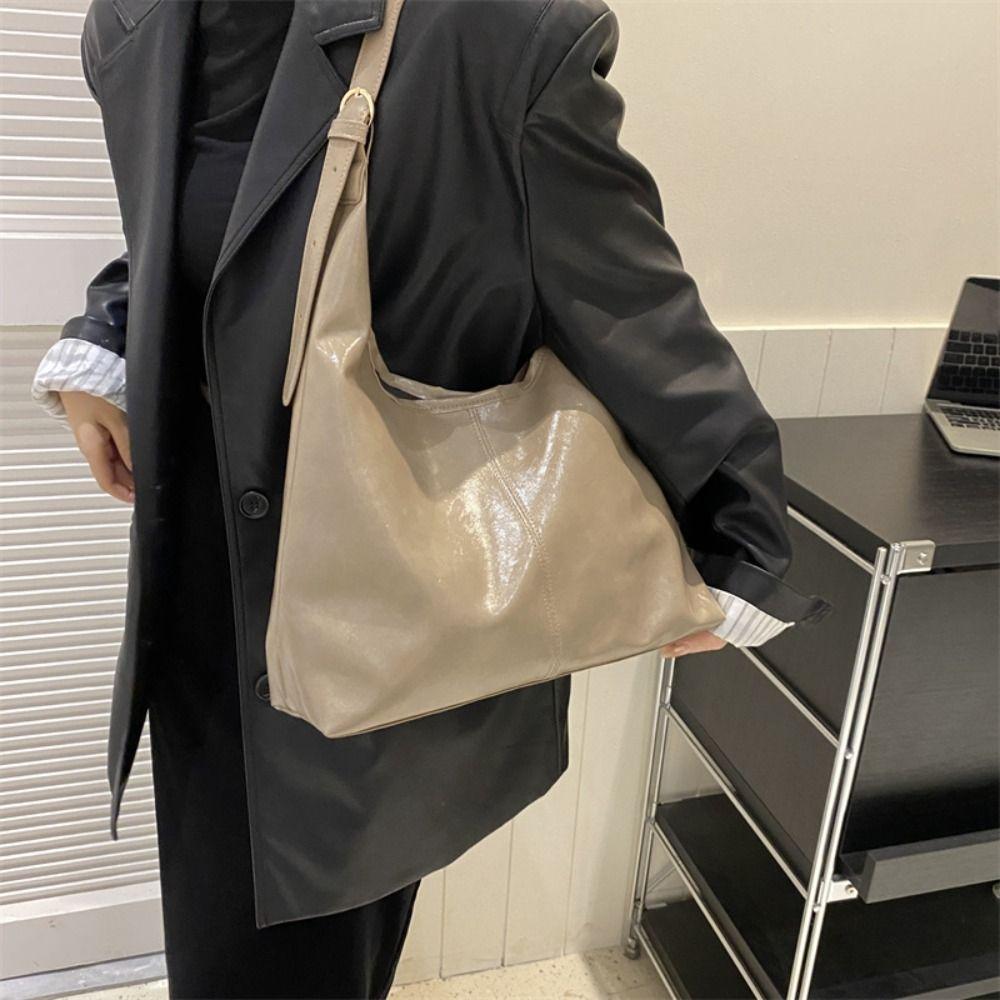 Elegant Soft Leather Tote Bag Solid Color Vintage Underarm Bag Fashion Commuting Shoulder Bag  Lady