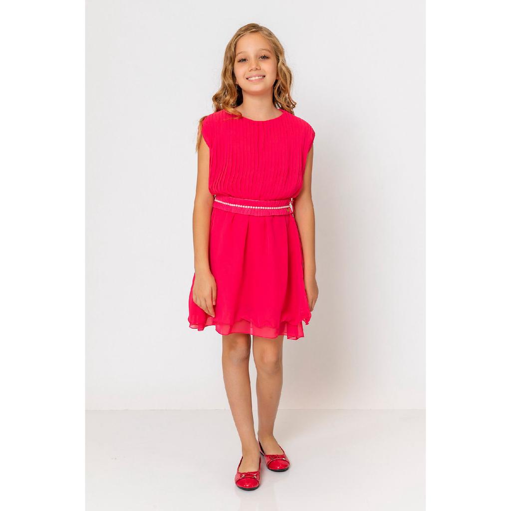 Girl's Round Neck Belted Pleated Dress