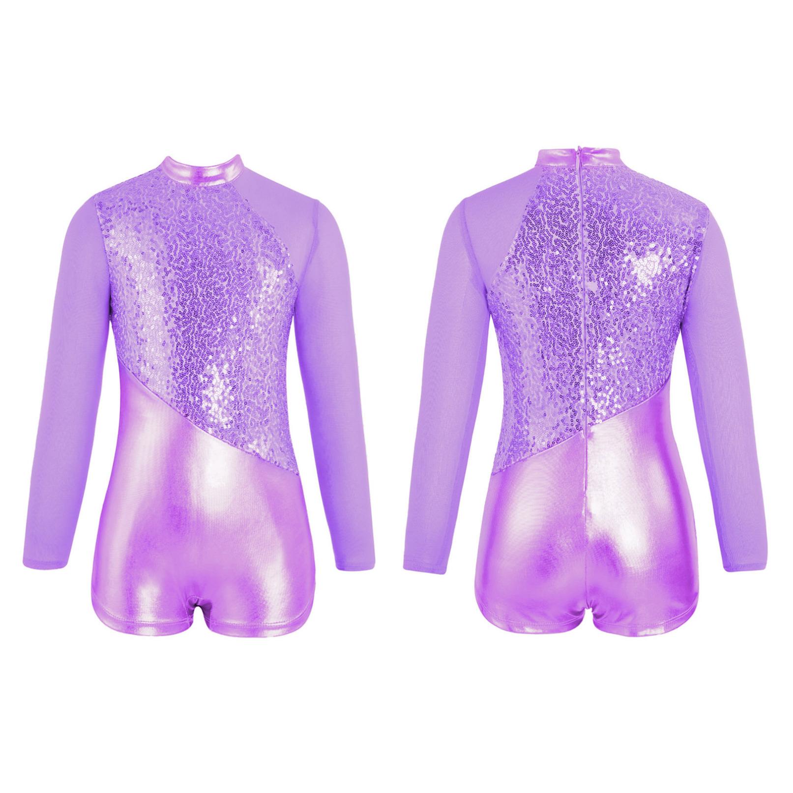 XiaoMoSha Set Body Ginnastica Per Ragazze – 3 Pezzi: Body Glitter A Maniche Lunghe, Pantaloncini E Fascia Per Capelli – Viola Sfumato, Taglia 7-8 Anni