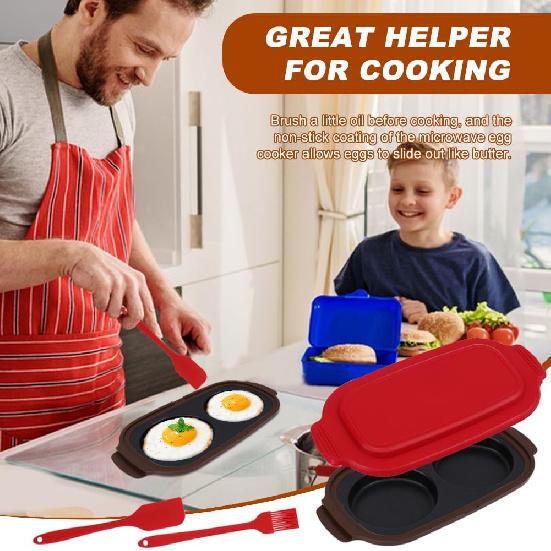 Microwave Egg Cooker & Poacher, Dual Cavity Non-Stick Egg Maker for 2 Eggs Breakfast Sandwich, Muff and Mini Omelets, Includes Spatula & Oil Brush