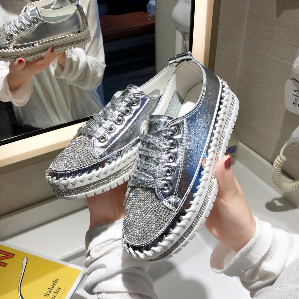 Women Shoes Diamond Setting Platforms Casual PU Walking Flats Lace Up Shoes Sneaker Plus Size 44