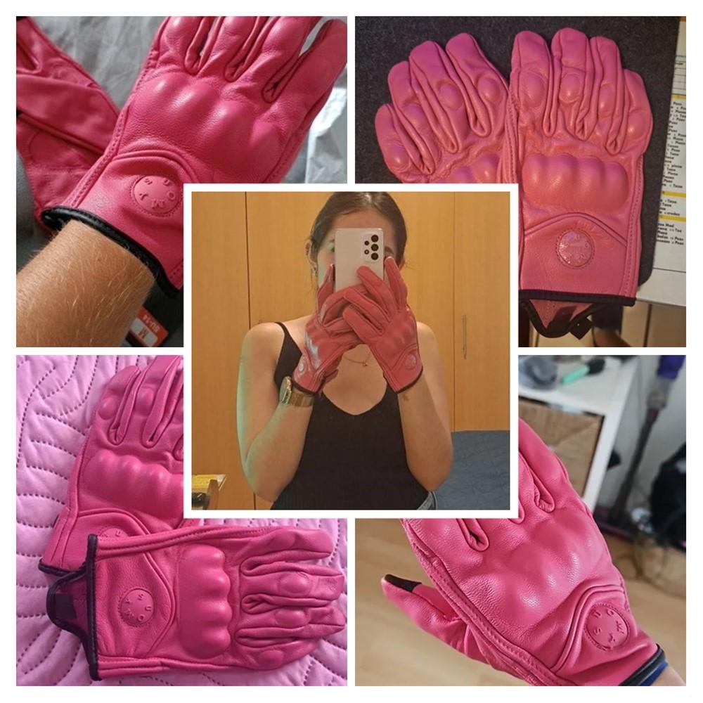 SUOMY Lady Pink Leather Motorcycle Gloves Genuine Leather Perforated Women Motorbike Riding Gloves Touch Screen Moto Guantes