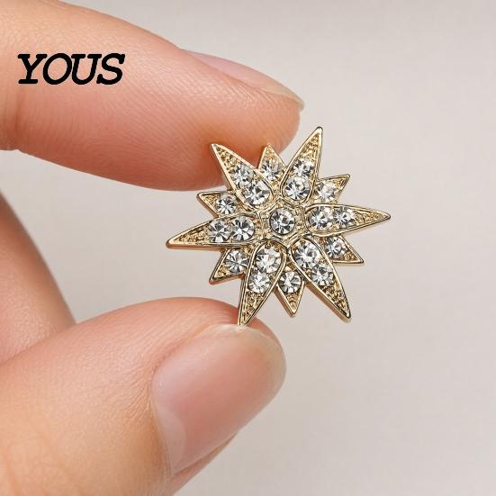 Shirt Collar Button 1/2Pcs Double-Layered Eight-Pointed Star Lapel Pin with Rhinestones, Thickened Alloy Star-shaped Brooch Safety Buckle