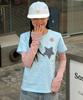 Awoseiawo Check Two-Star Applique Embroidery Short Sleeve T-Shirt Sky Blue