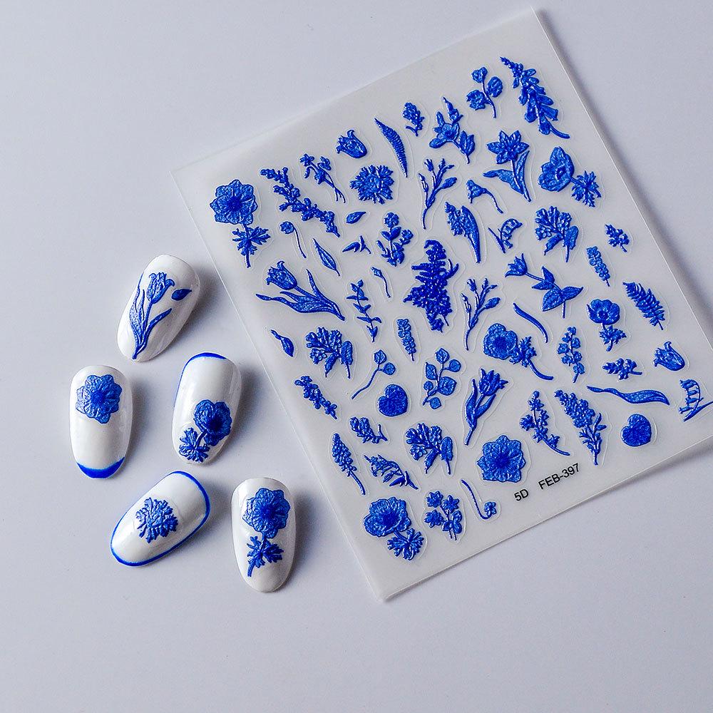 3D Embossed Valentine's Day Nail Stickers - Blue Wheat Ear Flower Design