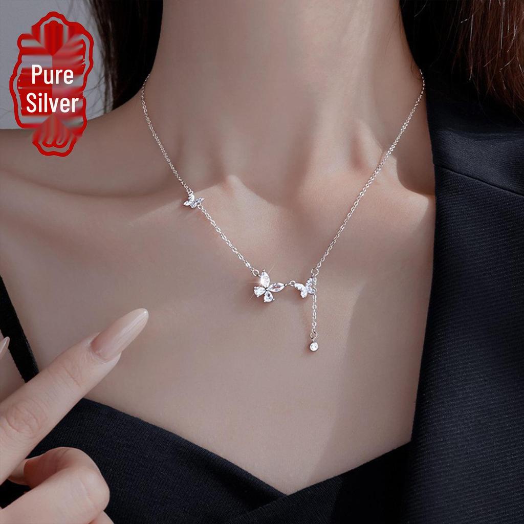 Sterling Silver Butterfly & Zirconia Tassel Necklace - Light Luxury Clavicle Chain for Women