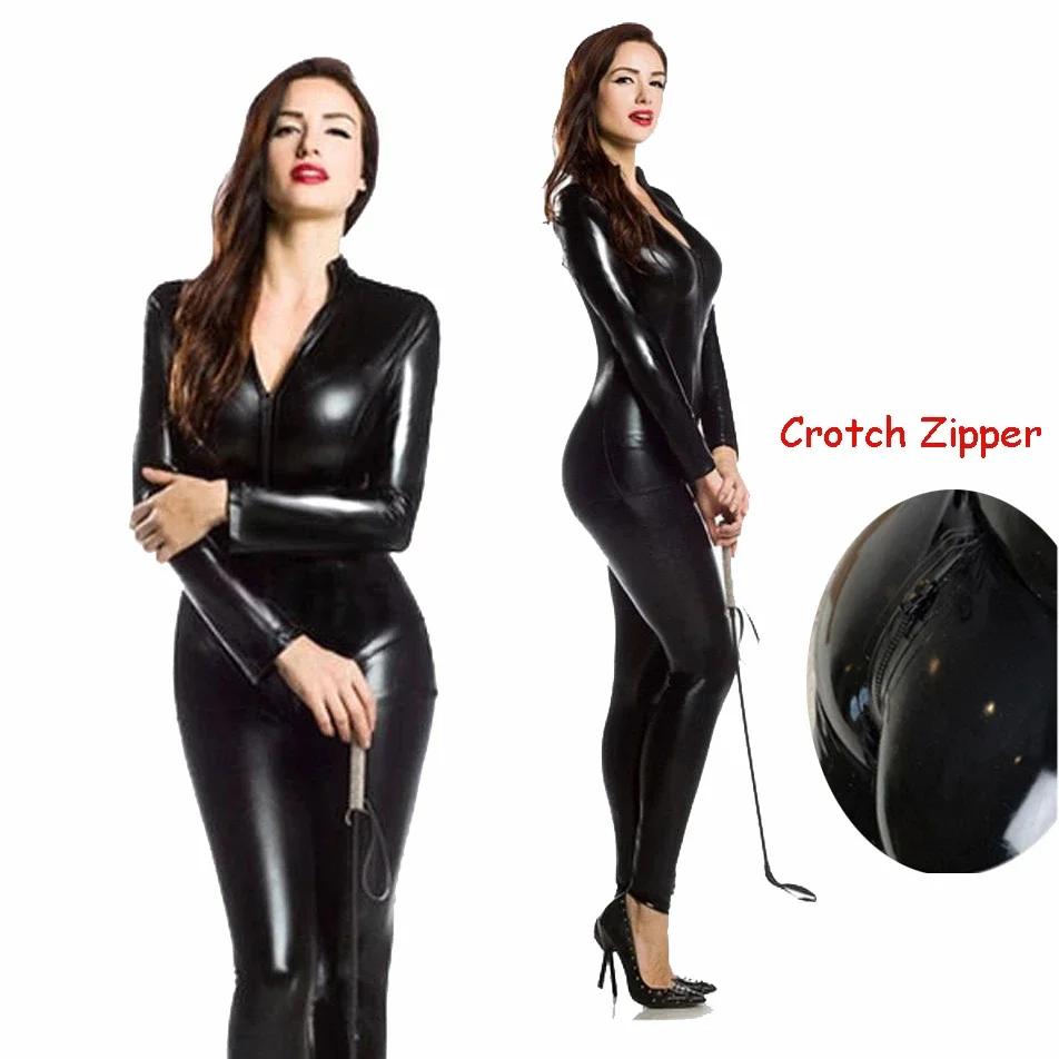 Halloween New Sexy Wetlook PVC Latex Bodysuit For Women Double Zipper Open Crotch Nightclub Dance Wear Leather