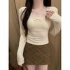 Women's Slim Fit Apricot Lace Low-Neck Long-Sleeve Top - Spring/Autumn Style