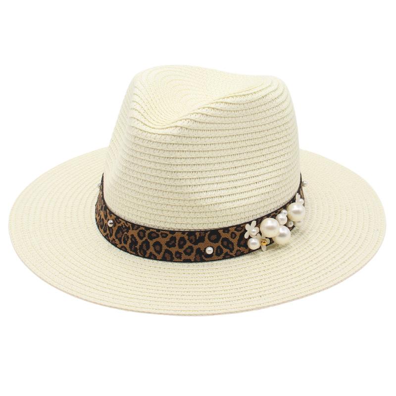 Spring And Summer 2022 New Panama Straw Hat Leopard Print Pearl Top Hat Men And Women Elegant Foldable Jazz Hat