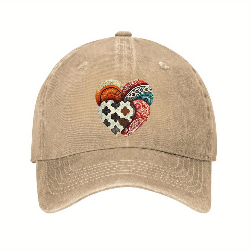 Boho Heart Print Baseball Cap Distressed Cotton Dad Hat Casual Adjustable Unisex