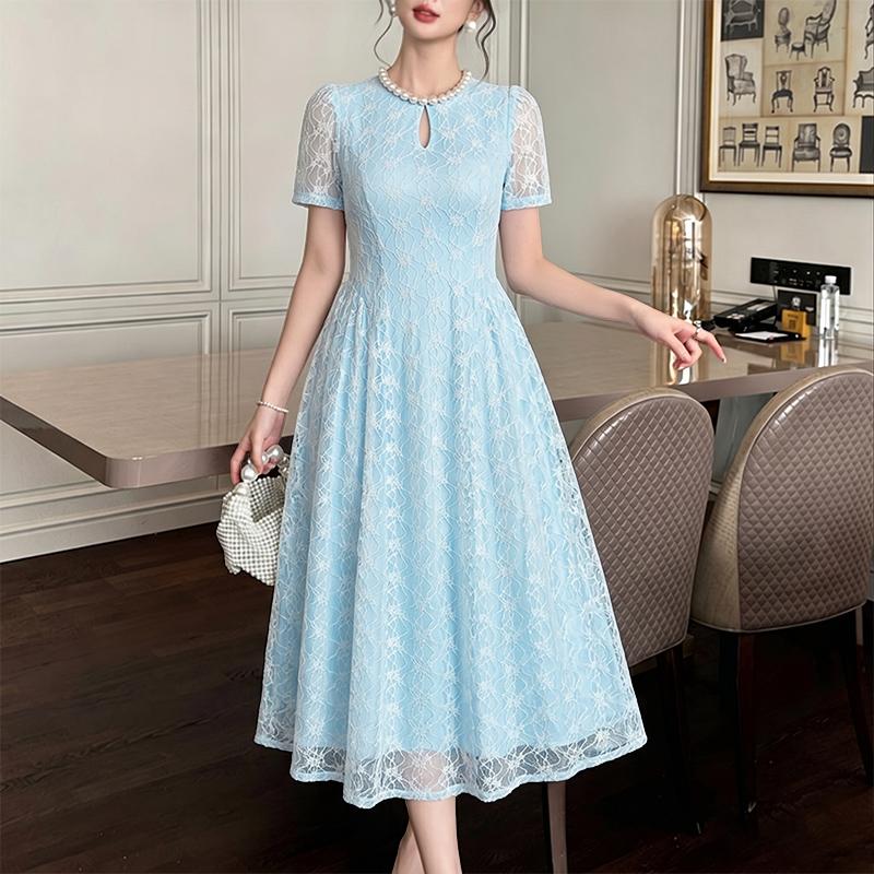 ZANZEA Women Casual Round Neck Lace Patchwork Elegant Short Sleeve Dress M синий
