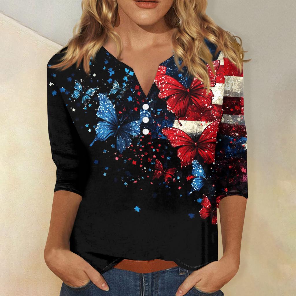 Women's T Shirt Independence Day Print Button 3/4 Sleeve Daily Weekend Fashion Basic V- Neck Regular Top