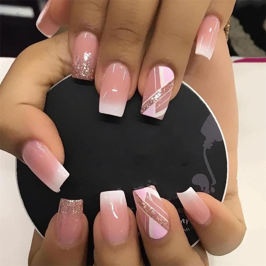 24Pcs Short French Press On Nails Pink Glitter Pearlized Fake Nail Tips Cute Natural Sweet