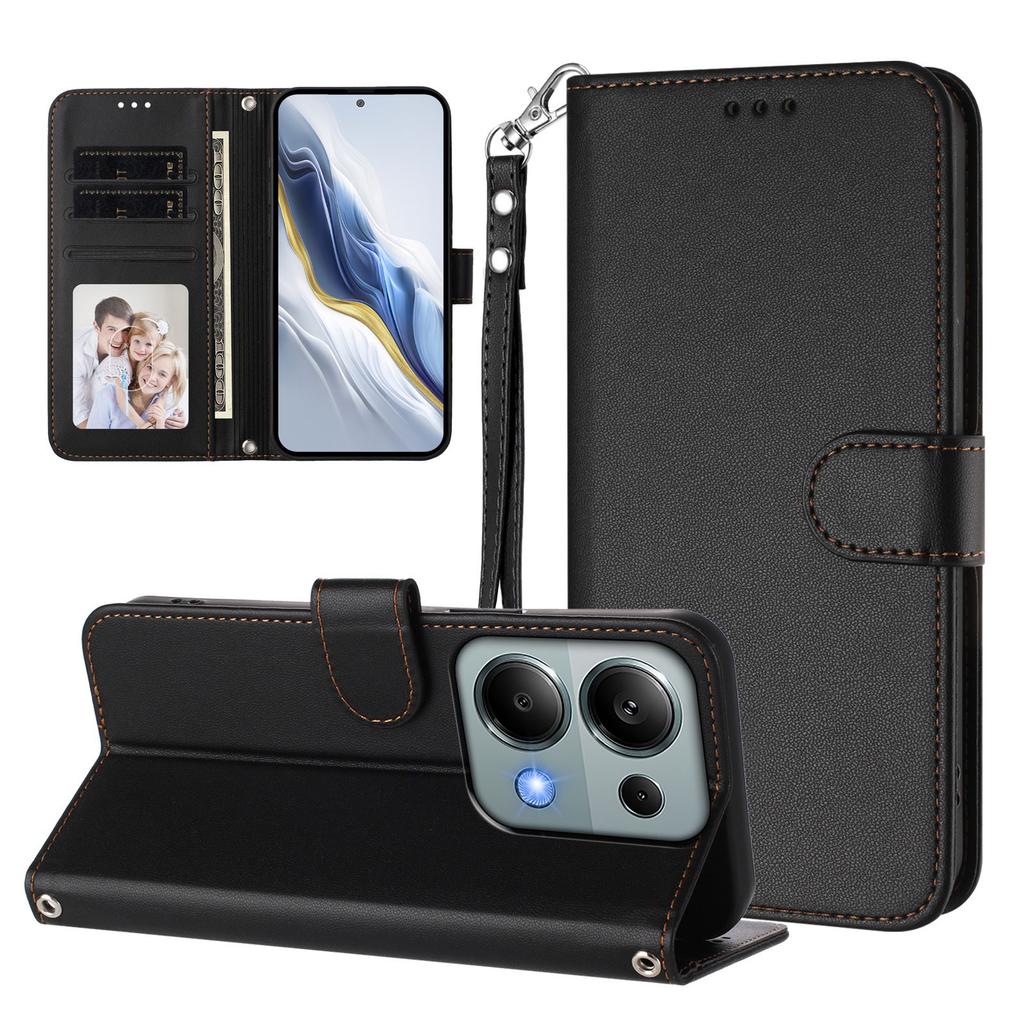 For Xiaomi Poco M6 Pro 4G/Xiaomi Redmi Note 14S 4G/Xiaomi Redmi Note 13 Pro 4G Leather Case Wallet Stand Phone Cover with Wrist Strap