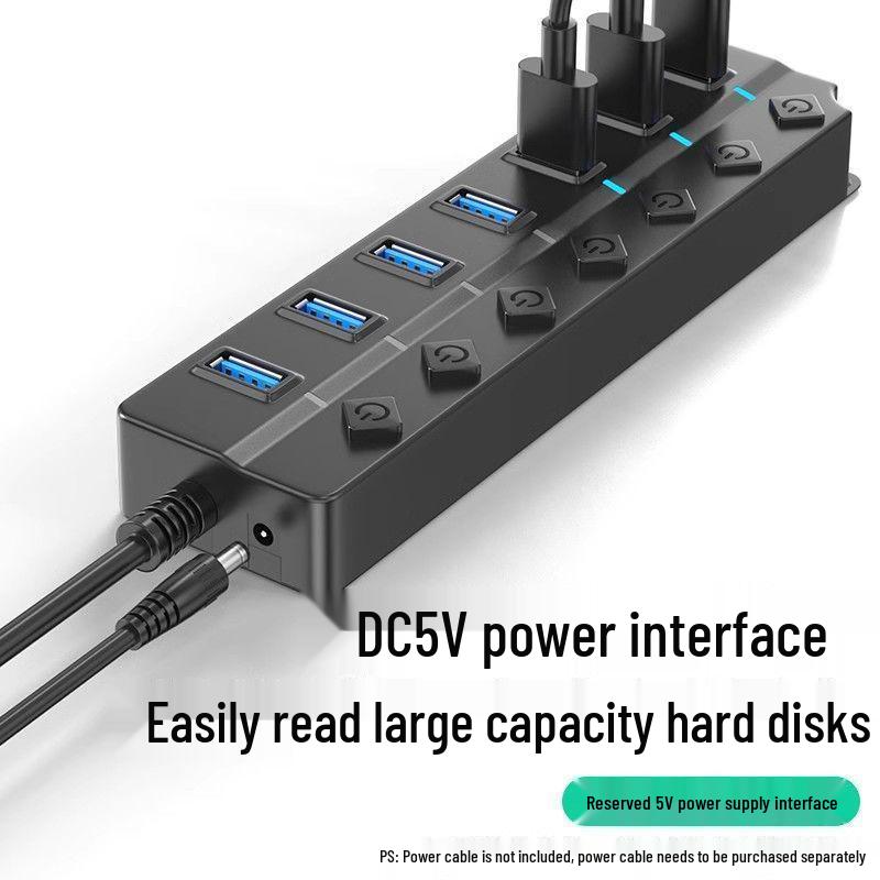 Seven-Port USB Hub with Switch for Desktop and Laptop Expansion