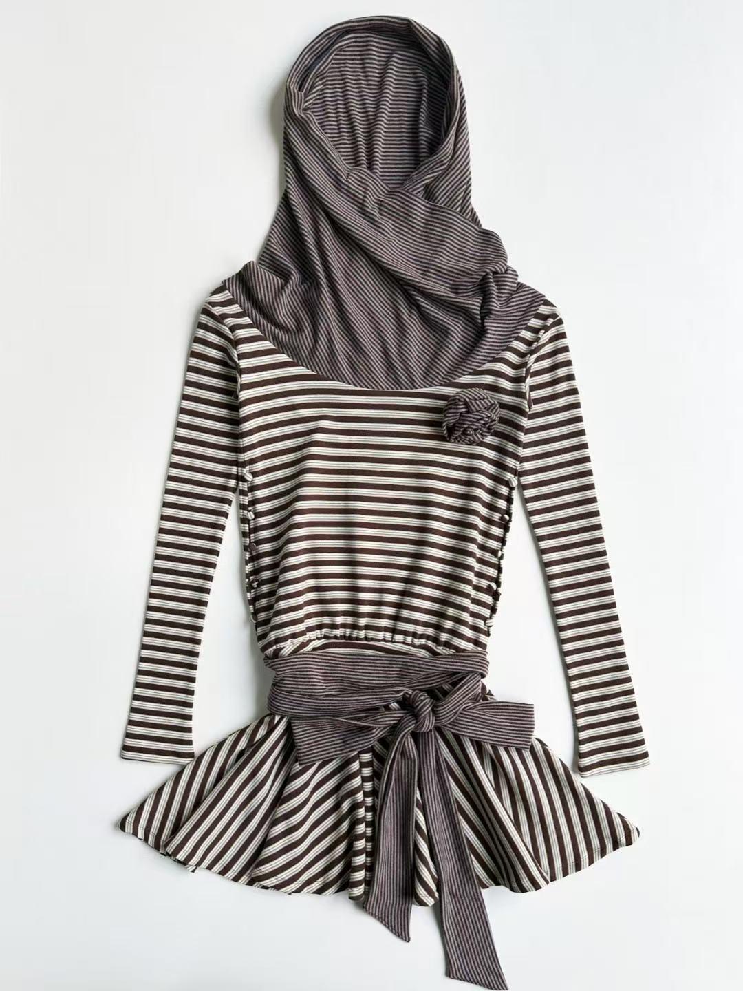 New! Korean Star One-Shoulder Floral Tie-Up Striped Dress with Long Sleeves Small