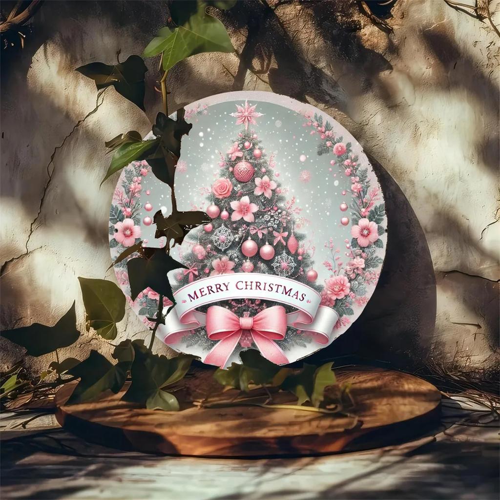Merry Christmas Pink Floral Christmas Tree Bow Art Tin Sign Vintage Durable Metal Plaque Wall Decor Elegant Holiday Home Offi