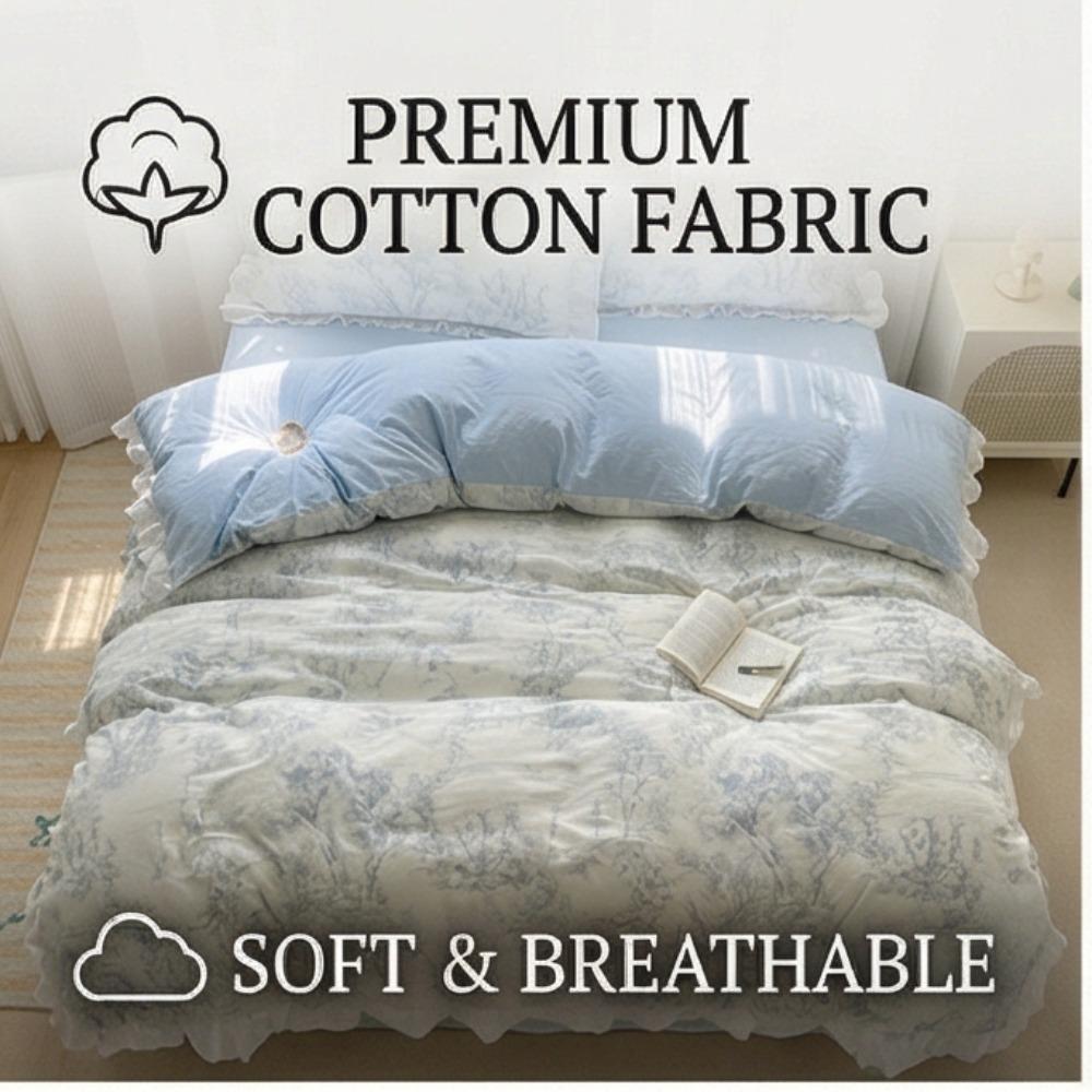 Four-piece Cotton Bed Sheet and Pillowcase Set with Lace Trim