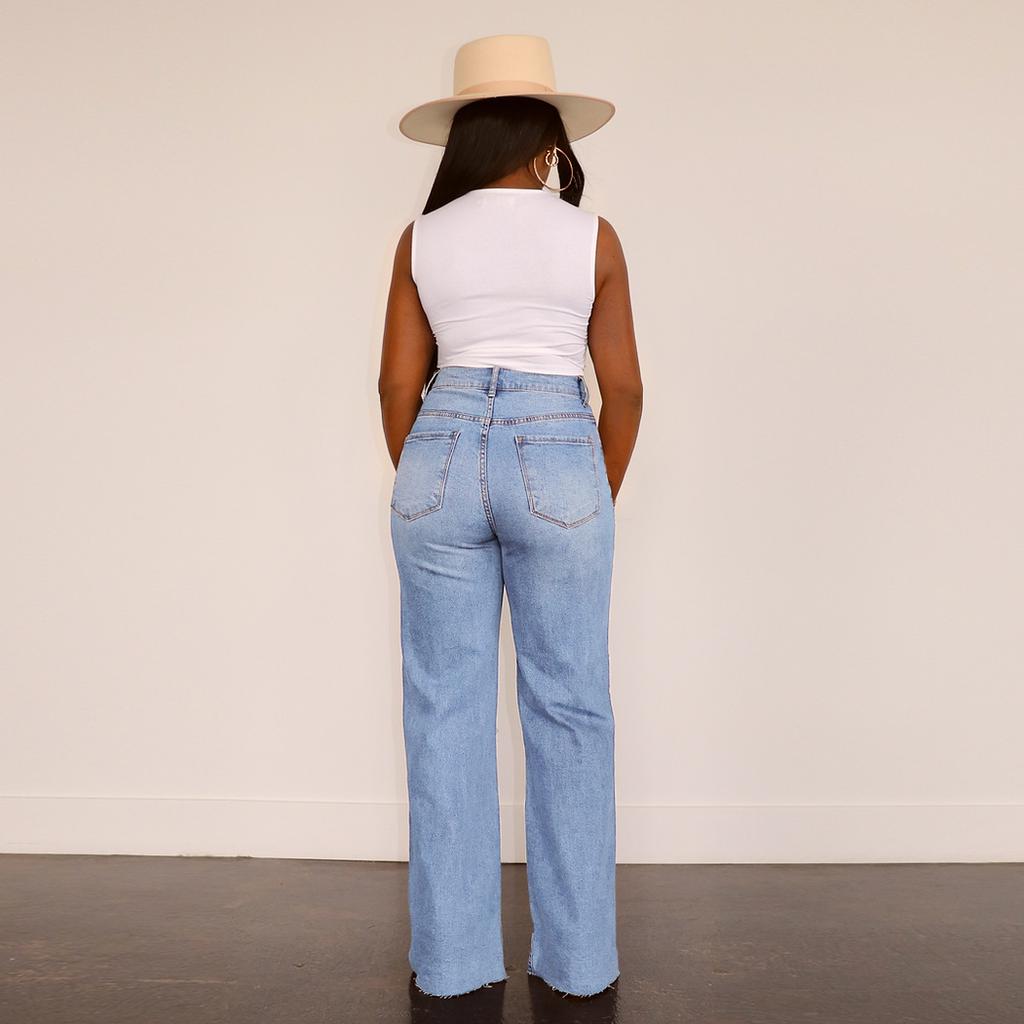 Spring and Autumn Women's Jeans Hole Breaking Wide Leg Pants Straight Trousers