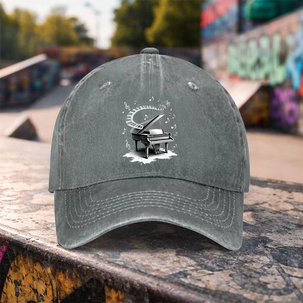 Piano Music Note Graphic Washed Baseball Cap Distressed Cotton Outdoor Casual Adjustable Hat