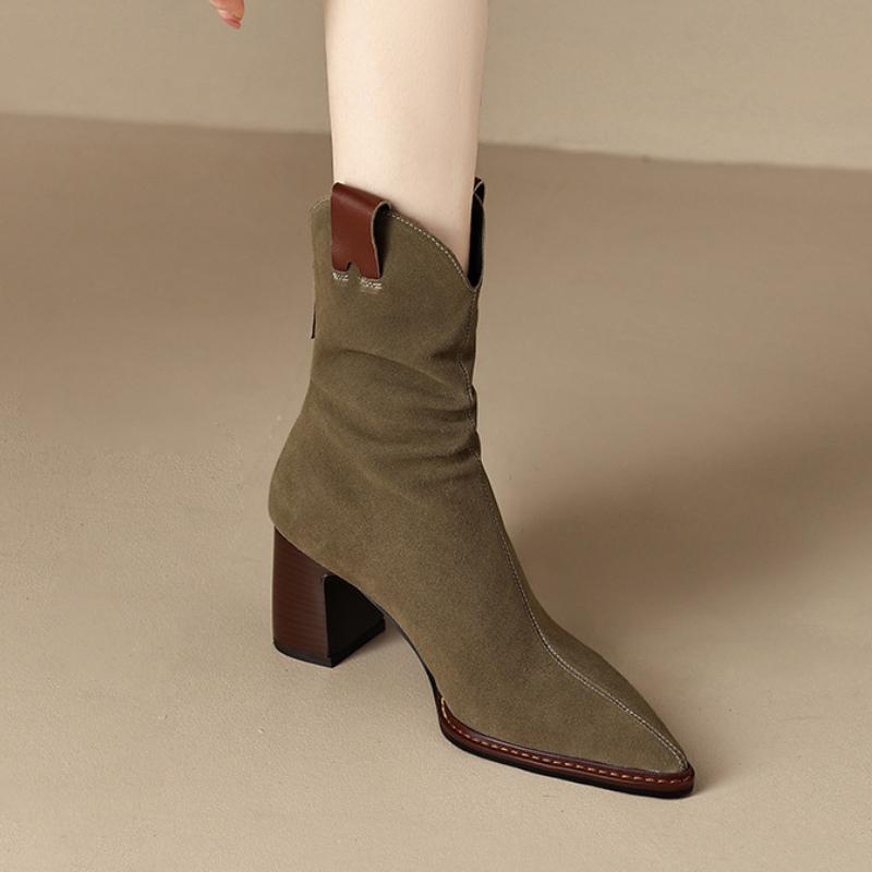 Stivaletti alla Caviglia in Camoscio con Tacco Basso Stivali Chunky Western Cowboy da Donna Stivali Corti da Cavaliere Retro a Punta con Pieghe Stivaletti Chelsea in Nabuk