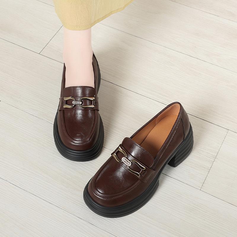 Platform women's high heels Spring and Autumn British style small leather shoes Soft leather black single shoes