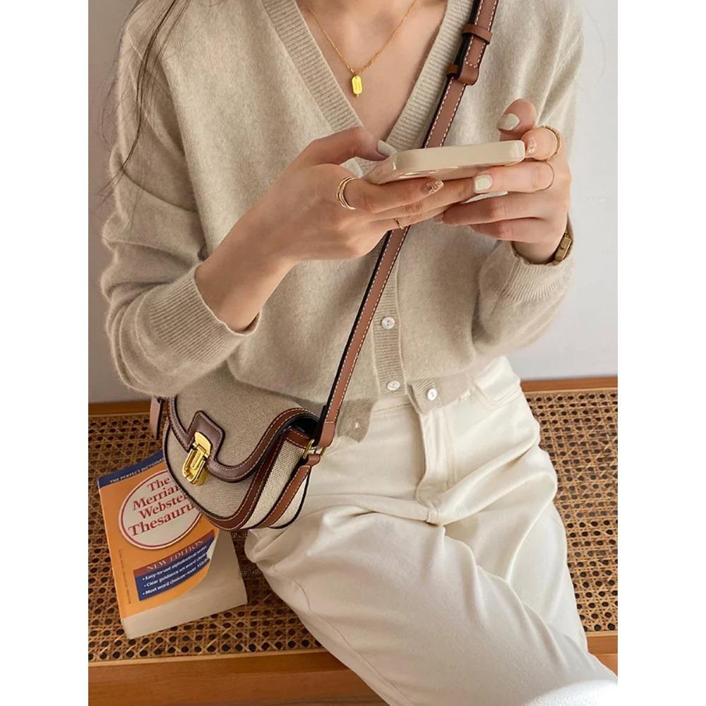 2024 New Small Style Contrast Panel Canvas Retro One Shoulder Crossbody Saddle Bag Handbags