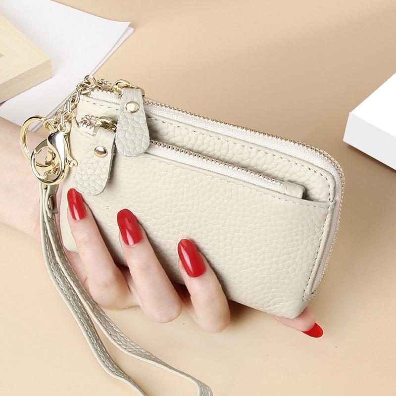 Women's Genuine Leather Mini Wallet Multi-Card Slots Coin Pouch with Keychain Handheld Zip Change Purse Stylish Compact Daily Accessory for Ladies