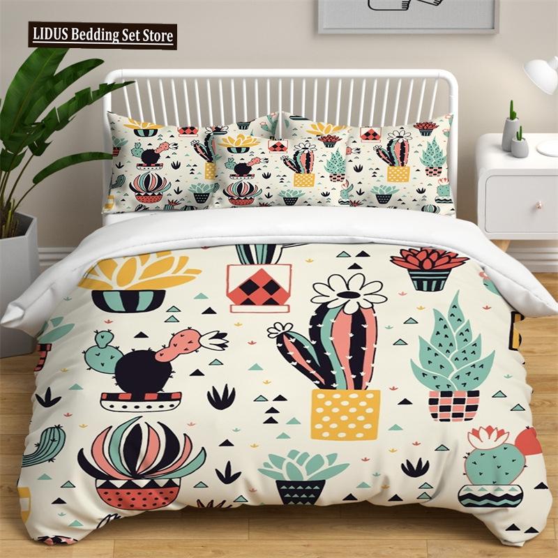 Green Cactus Potted Duvet Cover Set King Size Polyester Comforter Cover Cartoon Green Plant Cute Kawaii For Kid Boy Bedding Set