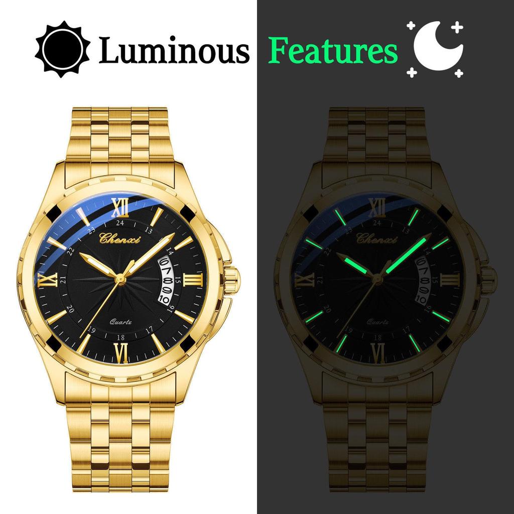 Watch Men Stainless Steel Calendar Gold 3ATM Water Resistant Luminous Analog Display Simple Fashion Quartz Watch Men Fashion Accessory - Birthday