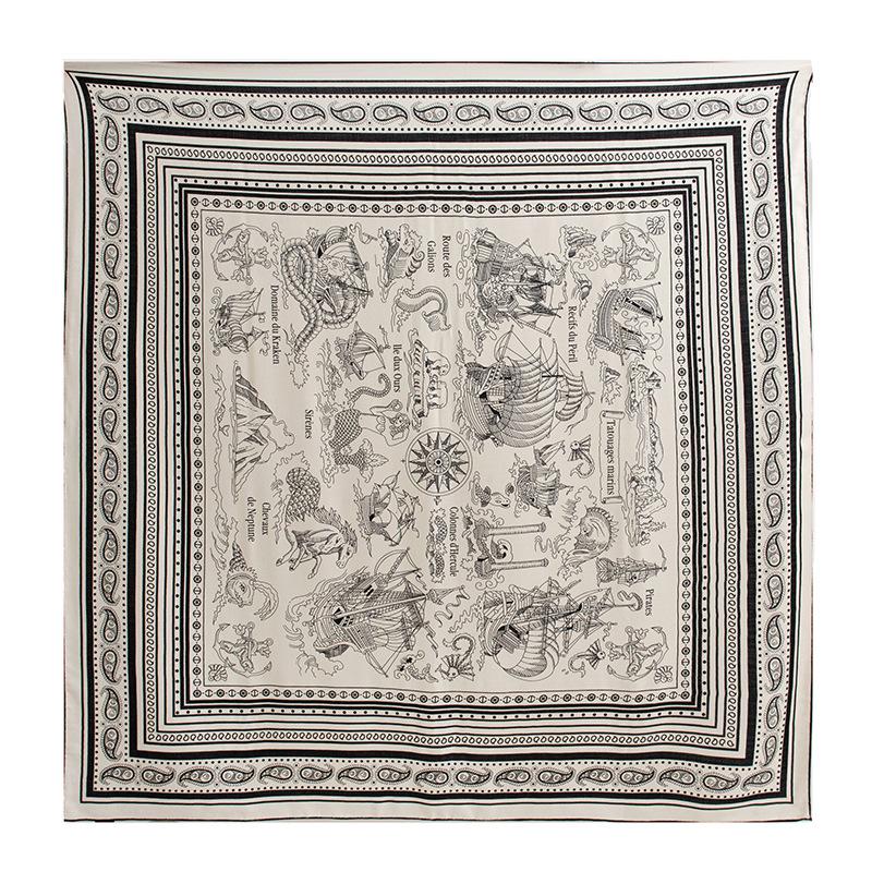 Silk Wool Black and White Cartoon Wool Scarf Silk Scarf Mulberry Silk Large Square Scarf Autumn and Winter Warm and Elegant Ladies Square Scarf