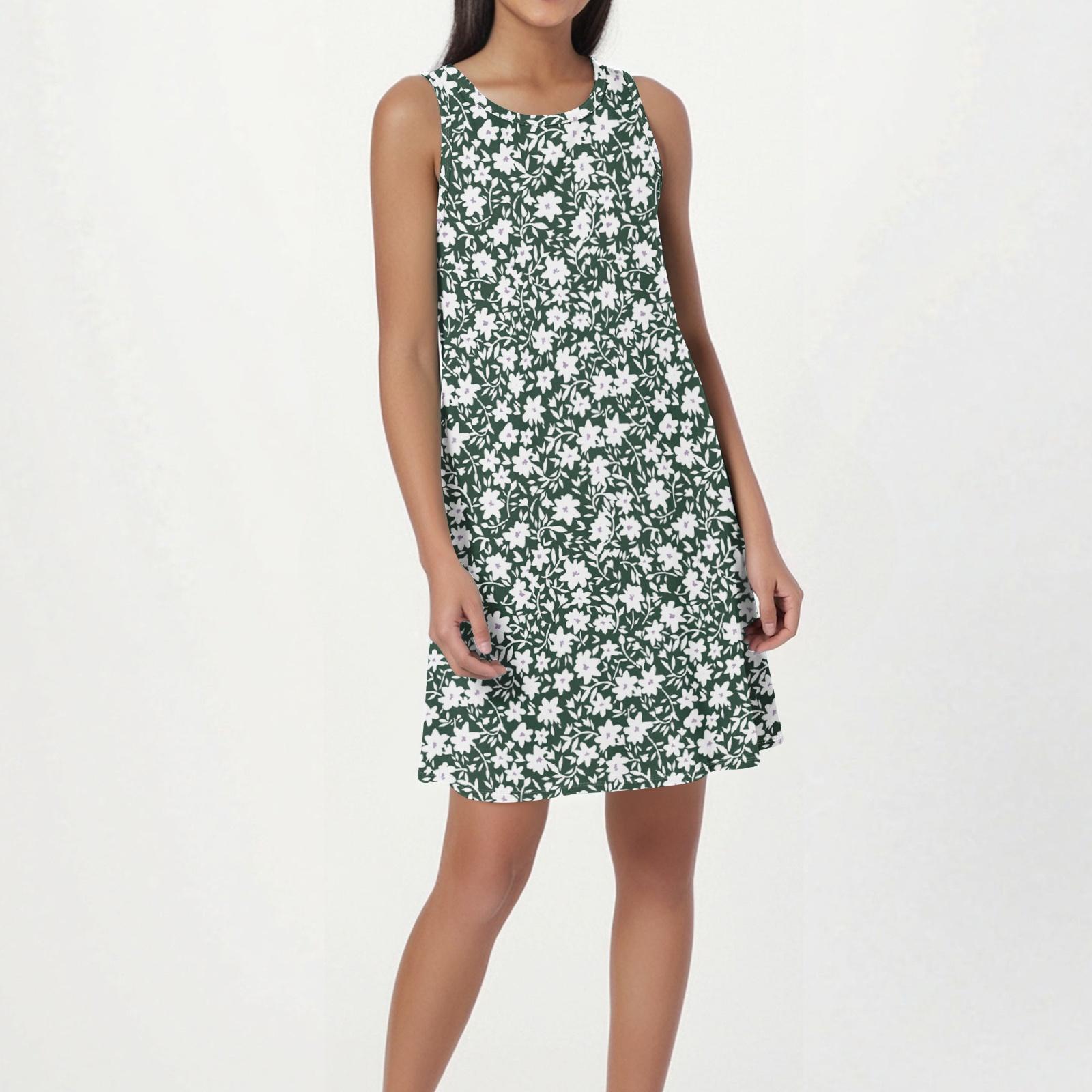 Women s Fashion Beach Dress Sleeveless Round Neck Floral Print Dress L