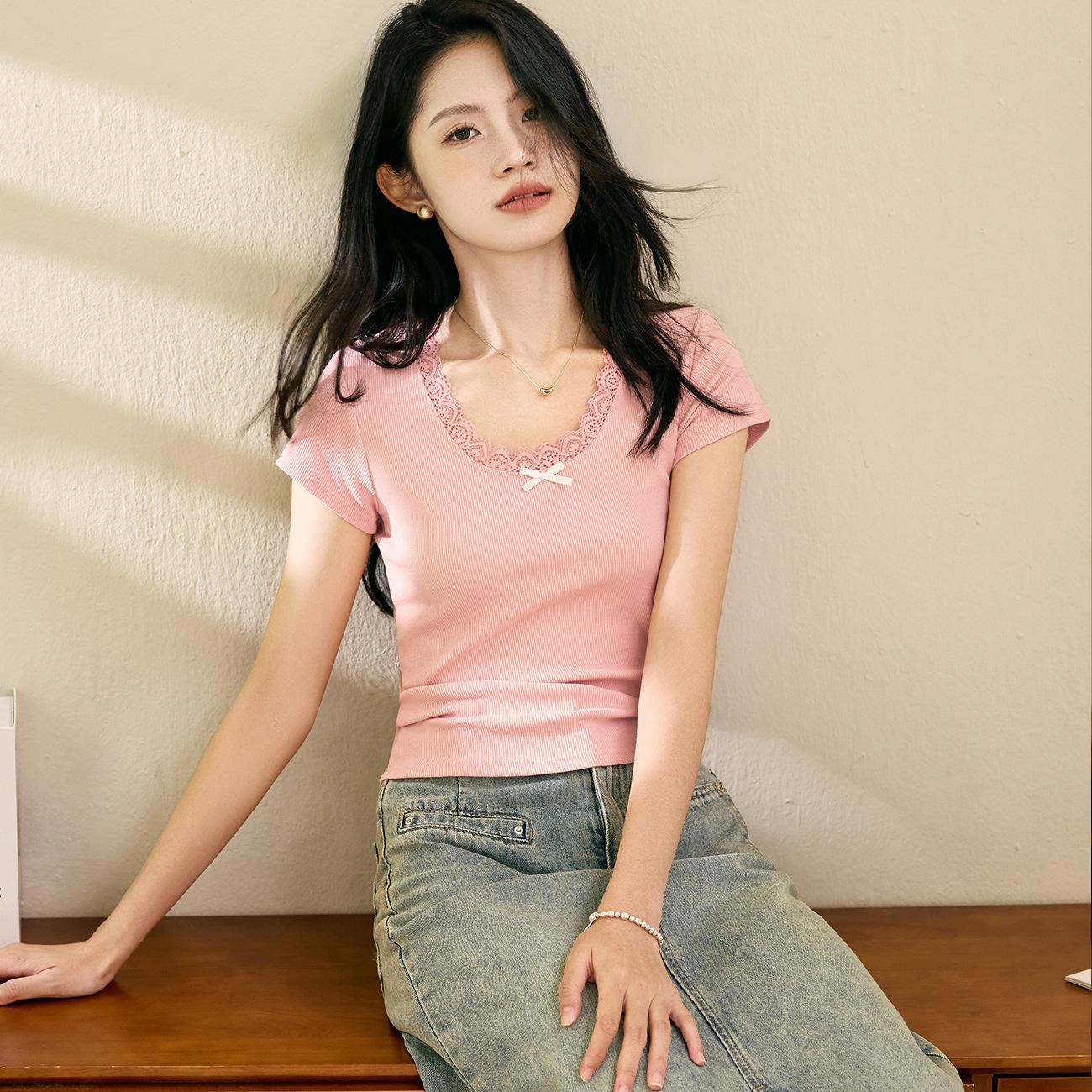 Ballet style pure desire gentle lace T-shirt women s summer new retro short-sleeved cotton bottoming shirt top S персиковый