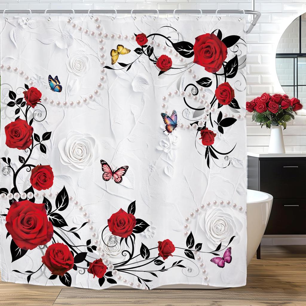 Red Rose Shower Curtain Botanical Floral Romantic Flower Valentine Girls Bathroom Curtain Decor Waterproof Fabric Include Hooks