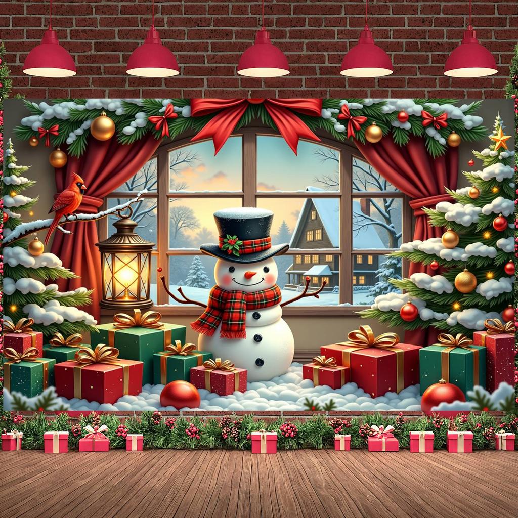 Festive Banner Gold Ornament Winter Backdrop Christmas Decor Banner Snowman Design Holiday Display For Holiday Gathering Xmas