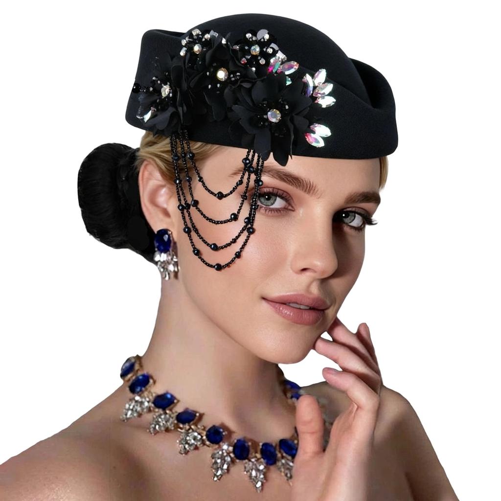 Retro British Hat for Women 3D Floral Rhinestone Decorated Beret Cap Cosplay Costume Accessories