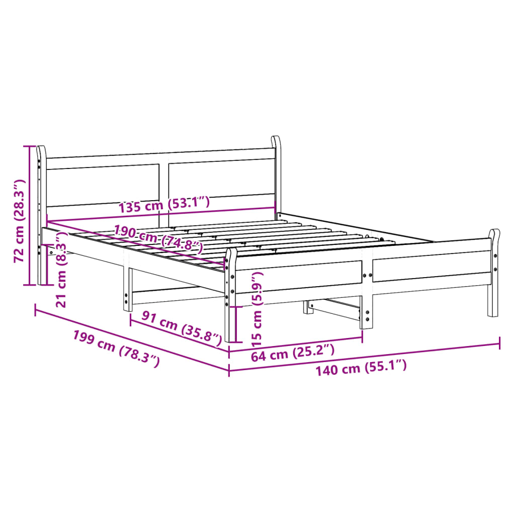 Solid Wood Bed Without Mattress 135 X 190 Cm Pine Wood
