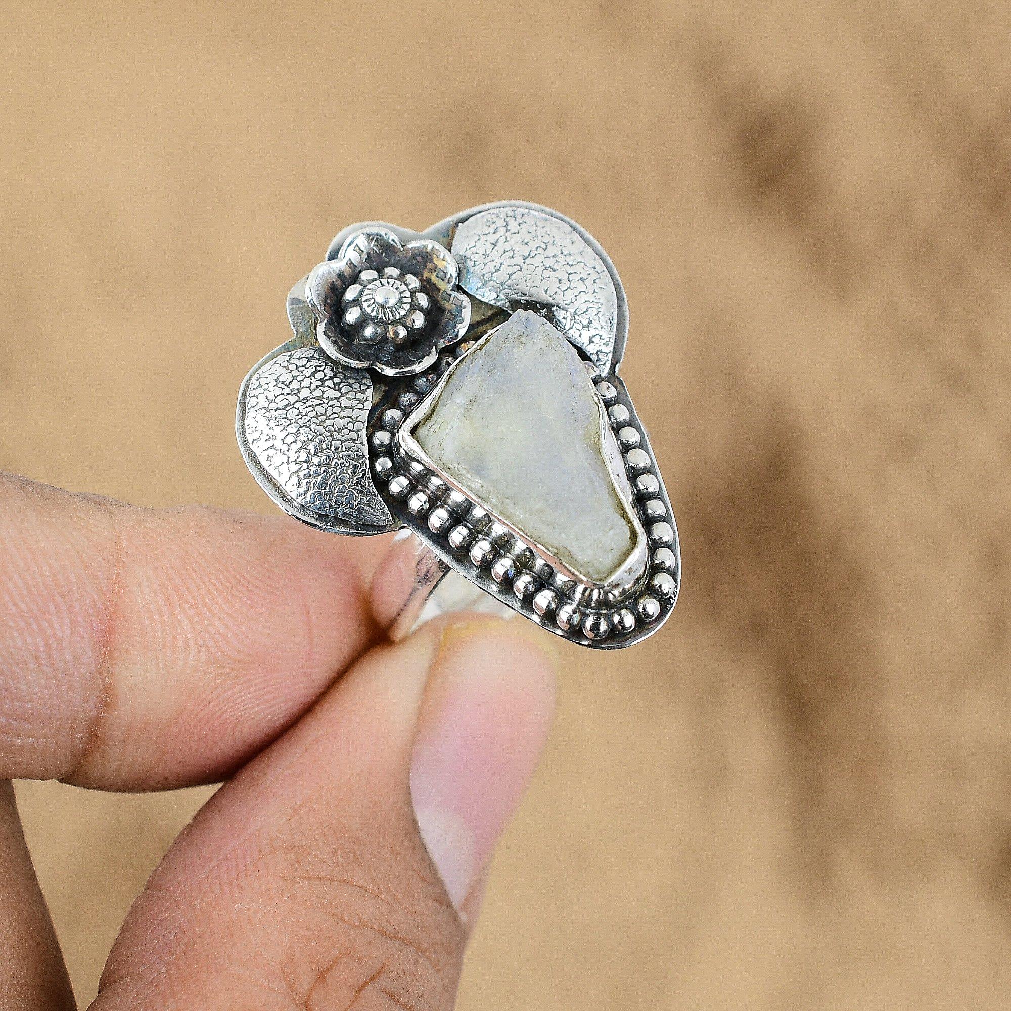 

925 Sterling Silver Natural Rainbow Moonstone Rough Promise Handmade Flower Ring Yes