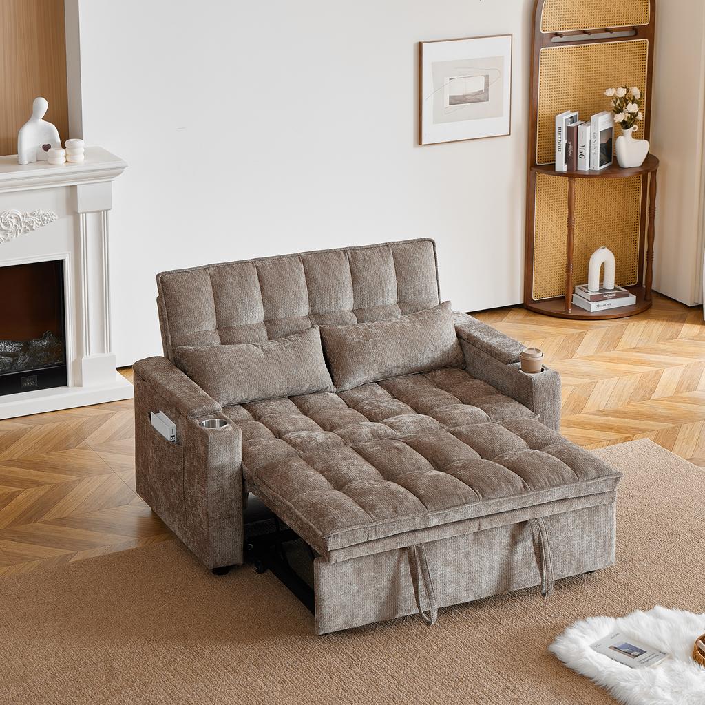 Un canapé-lit 3-en-1 de 142 cm de large avec fonction inclinable, coussins d'assise et de dossier doux comme des nuages, deux coussins lombaires, une étagère et un porte-gobelet