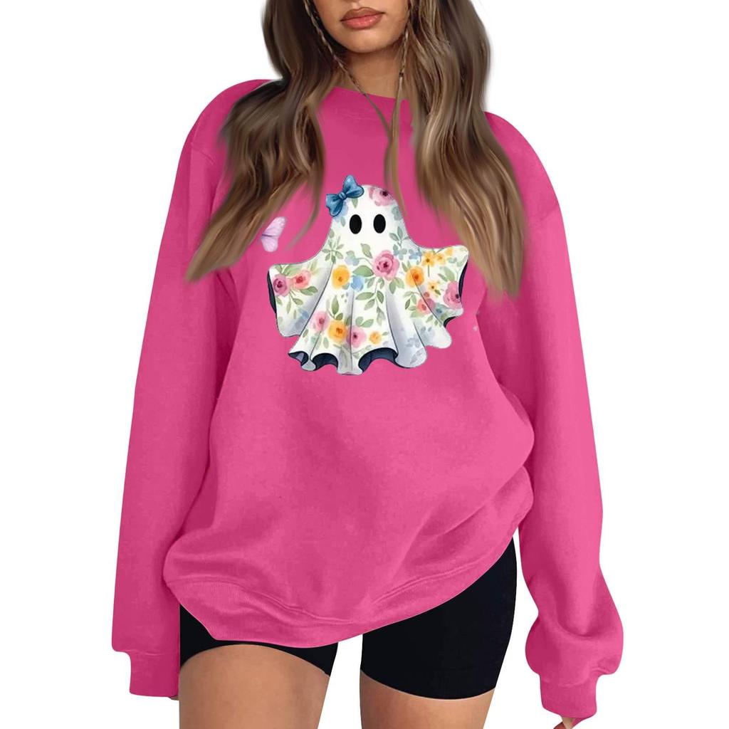 Women's Color Long Sleeve Neck Sweatshirt with Halloween Print Casual Loose Fit Pullover Top