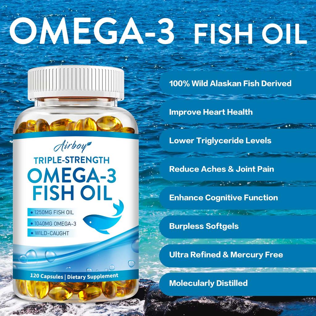 Triple Action Omega-3 Fish Oil Supplement with EPA and DHA - Heart and Brain Health, Memory and Cognition Support