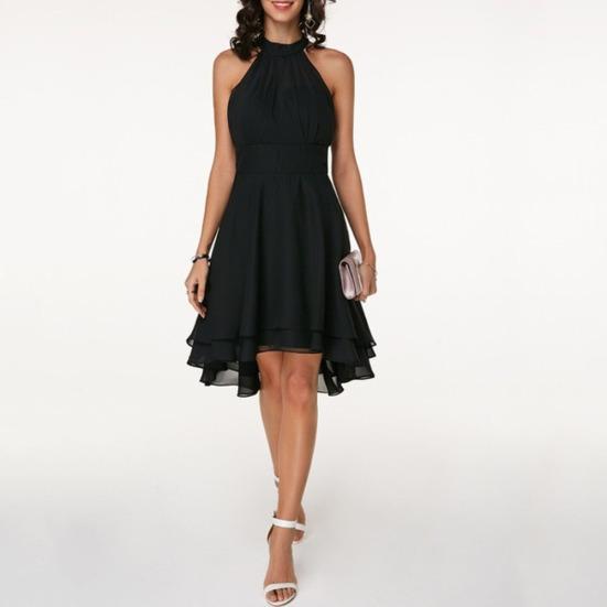 Women Elegant Solid Color Soft Halter Sleeveless Asymmetric Hem One Piece Dress