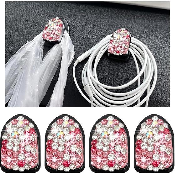 4PCS Bling Car Mini Hooks, Multifunctional Adhesive Small Auto Storage Hook for Key Cable Mask, Crystal Rhinestone Dashboard Hanging Hook, Interior