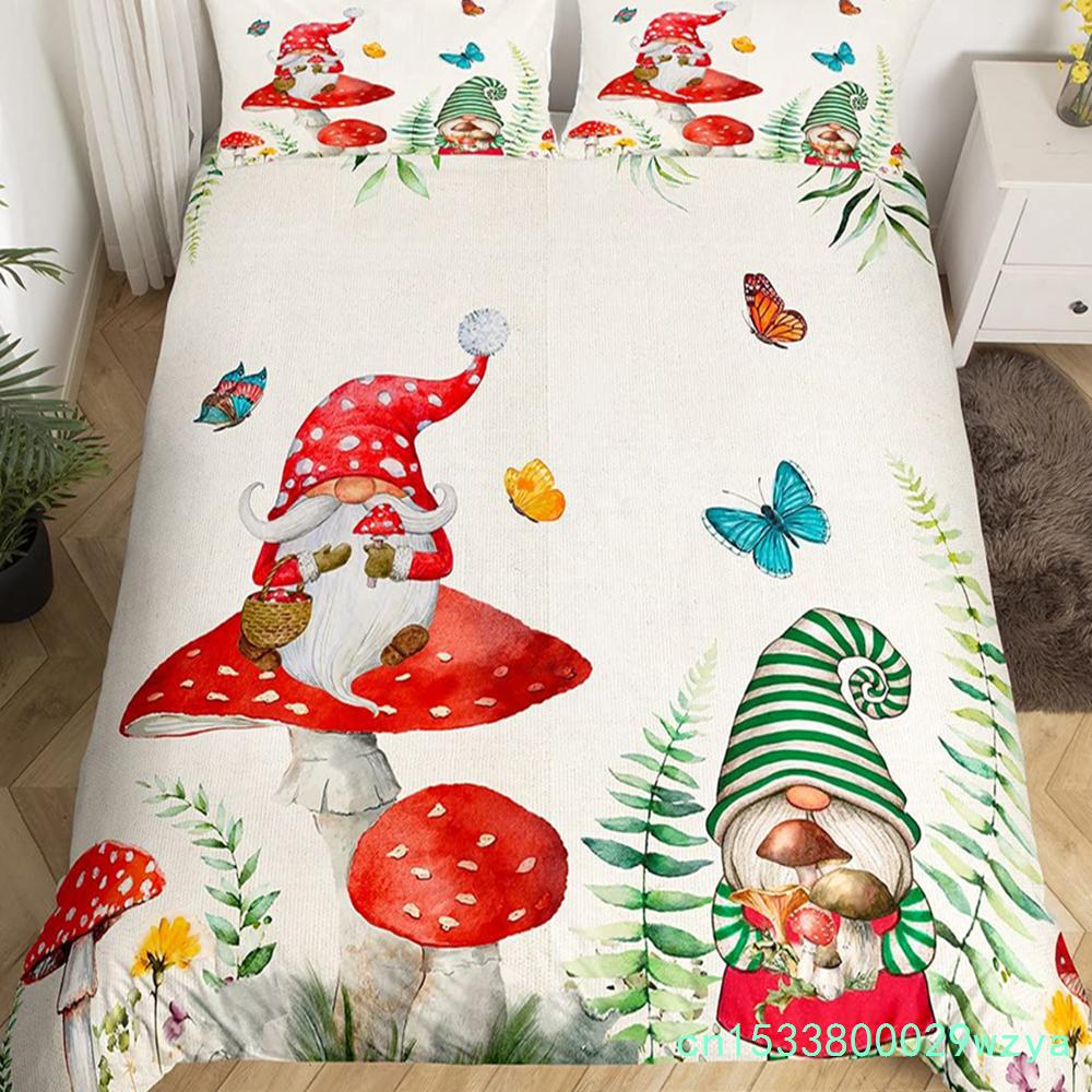 Purple Lavender Dwarf Duvet Cover King Queen Kawaii Cartoon Gnome Bedding Set Spring Flowers Comforter Cover Floral Quilt Cover