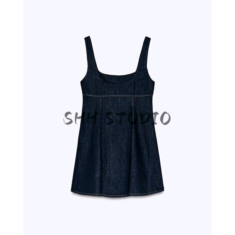 Spring New Women Clothes Comfortable and Versatile Sleeveless Square Collar Wide Shoulder Strap Short Demin Dress 6929085