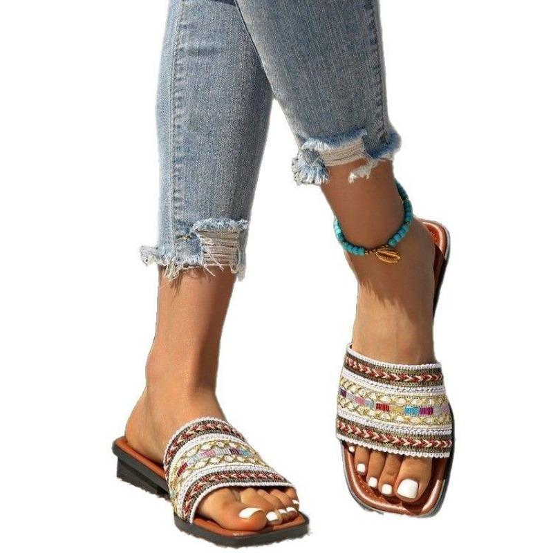 Flat-bottomed Slippers Women's Fashion Large-size Breathable One-character Foot Slippers Fish Mouth Slippers