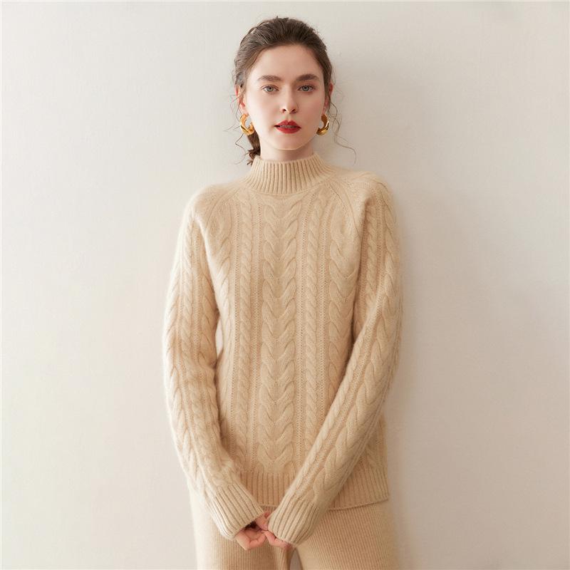 Women's Retro Cable Knit High-Neck Cashmere Sweater: Thickened, Slimming Pullover with Twisted Pattern, Perfect for Autumn and Winter.