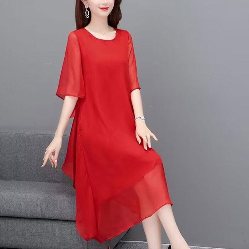 Women's Solid Color O-Neck Midi Dress Basic Stylish Ruffles Spliced Irregular Short Sleeve Dresses Loose Casual Summer