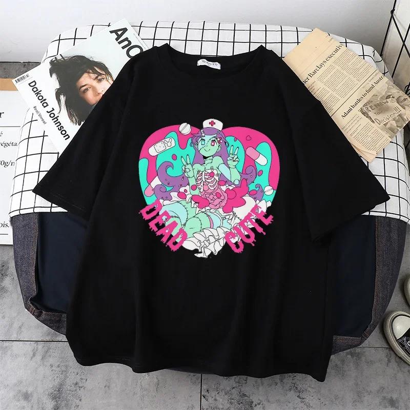 Women Oversized T-shirt Kawaii Goth Harajuku Music Girl Print Black Crop Short Sleeve Top Female T-shirts Y2k Mujer Grunge Kpop